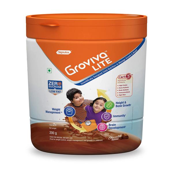 Netmeds | Groviva Lite Age 2+ Child Nutrition Supplement Powder Jar - Chocolate Flavour 200 g