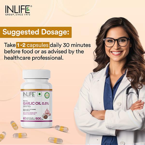 INLIFE Natural Garlic Oil 0.5% 500mg Vegetarian Capsules 60's - Digestive Health