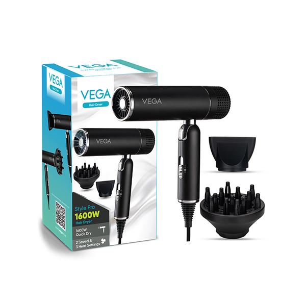 Netmeds | Vega Style Pro 1600W Hair Dryer for Men and Women with 2X Faster Drying, 2 Attachment (VHDH-34) 549 gm