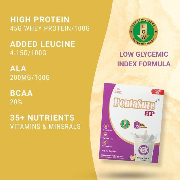 PentaSure HP High Protein Powder - Banana Vanilla Flavour (Travel Pack Sachet of 3 x 30 gm) - Protein Drink