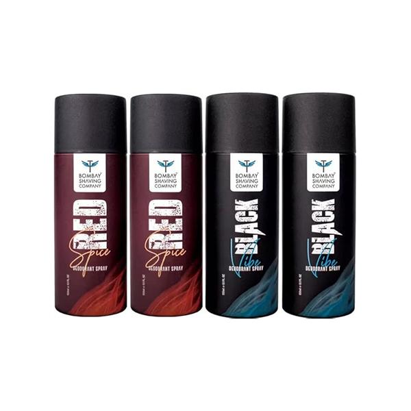 Netmeds | Bombay Shaving Company Red Spice and Black Vibe 150 ml x 4 Combo Deodorant Spray for Men 600 ml 4's