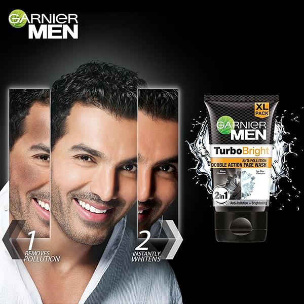 Garnier Men Turbo Bright 2 In 1 Anti Pollution Double Action Black Charcoal Vitamin C Face Wash 150gm - Face Washes