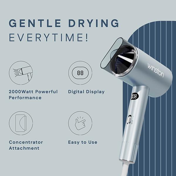 Winston Digital Smart Ionic Hair Dryer 2000W - Fast Drying with LED Display For All Hair Types, Lightweight - Ice Blue 690 gm - Hair Dryers