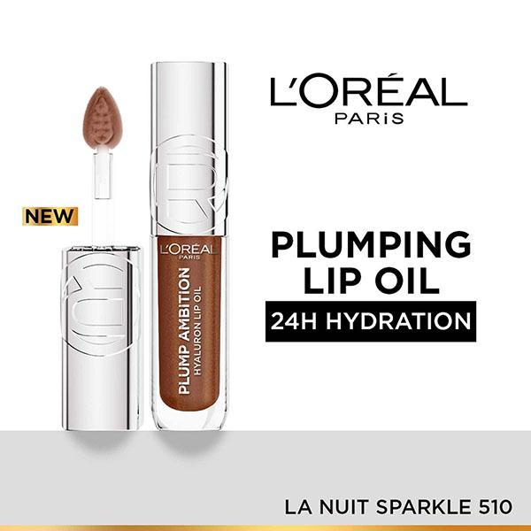 L'Oreal Paris Plump Ambition Hyaluron Lip Oil- 510 La Nuit Sparkle- Plumping Lip Oil 5 ml - Liquid Lipsticks