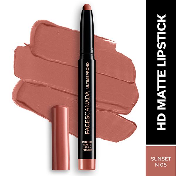 Netmeds | Faces Canada Ultime Pro Hd Intense Matte Lips + Primer - Sunset N05, 9Hr Long Stay 1.4 gm