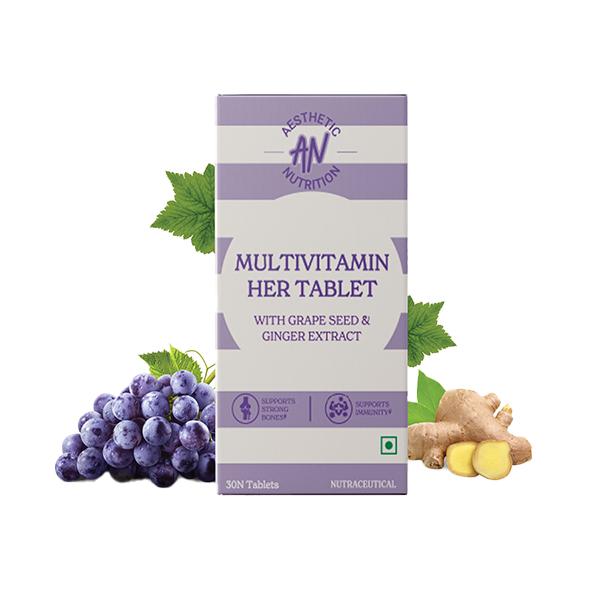 Netmeds | Aesthetic Nutrition Multivitamin Her With Grape Seed, Ginger Extract, Hyaluronic Acid, Vitamin B3, And B12 30 Tablets 1's
