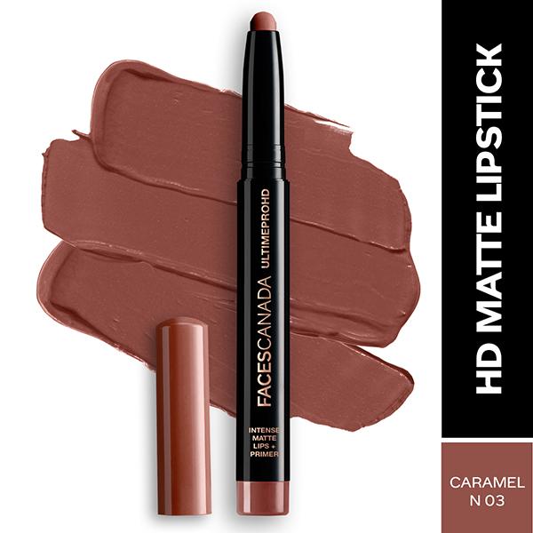 Netmeds | Faces Canada Ultime Pro Hd Intense Matte Lips + Primer - Caramel N03, 9Hr Long Stay 1.4 gm