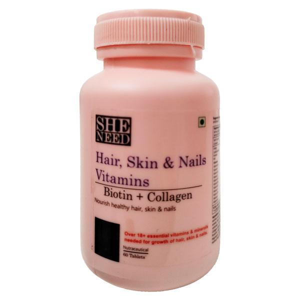 Netmeds | SheNeed Hair, Skin & Nails Vitamin with Biotin + Collagen Tablet 60's