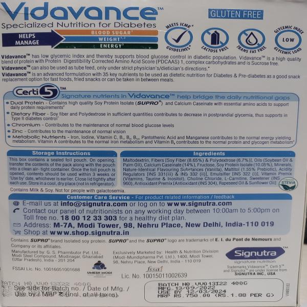 Vidavance Zero Sucrose Specialized Nutrition Supplement Powder for Diabetes Refill - Vanilla Flavour 400 g - Diabetes (Fitness)