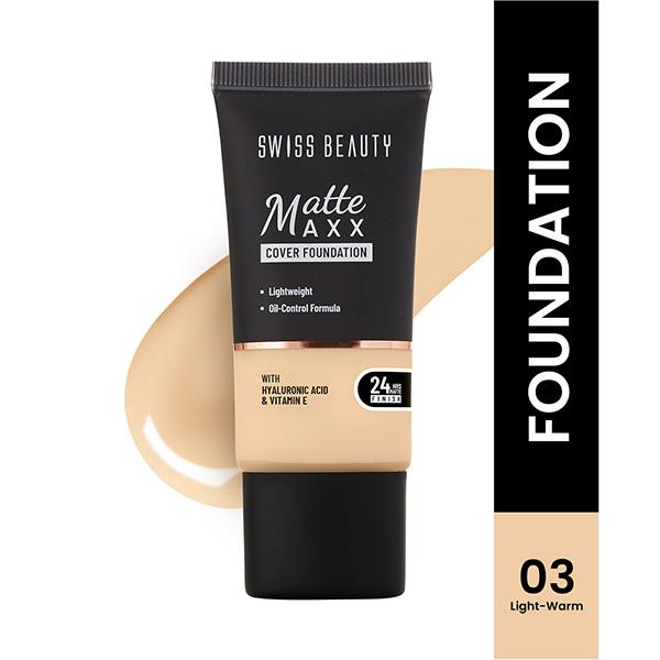 Swiss Beauty Matte Maxx Cover Foundation, 24- Hour Stay, with Hyaluronic Acid & Vitamin E, Oil-Control Formula 3 - Light Warm 30 gm - Foundation