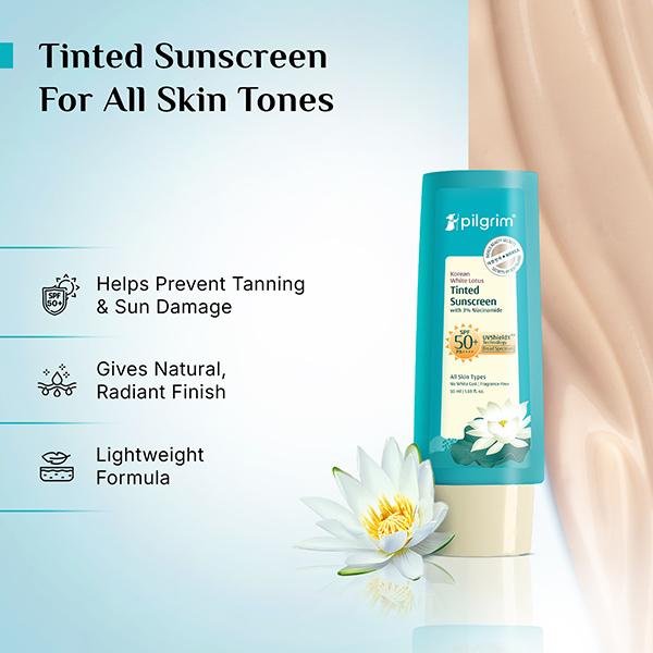 Pilgrim Korean White Lotus Tinted Sunscreen SPF 50+ PA++++ with 3% Niacinamide 50 ml - Face Sunscreen