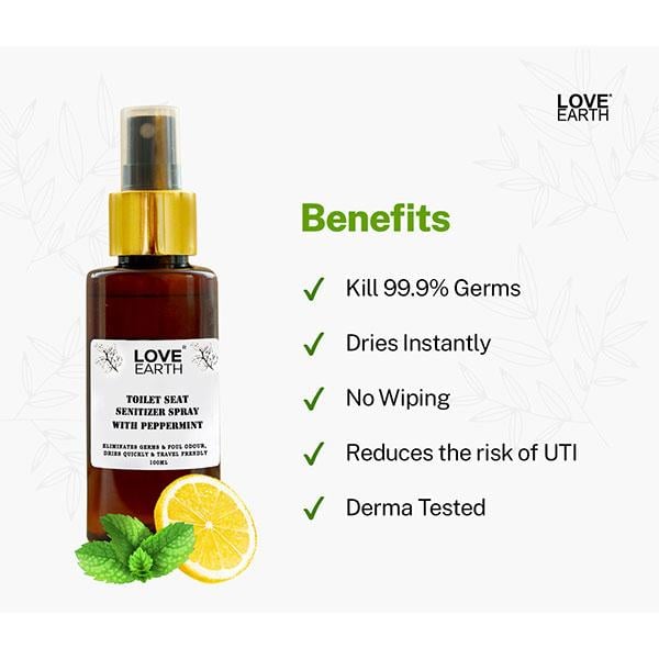 Love Earth Toilet Seat Sanitizer Spray with Peppermint, Eliminates Germs & Foul Odour 100 ml (N) - Toilet Seat Sanitizer