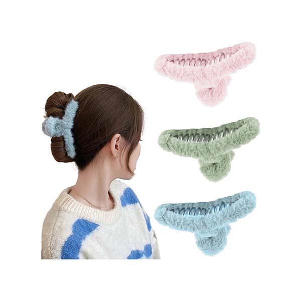 Netmeds | Majestique Soft Faux Fleece Fur Large Hair Clutcher Hair Claw Clips Hair Accessories Hair Clip - Multicolor 3's