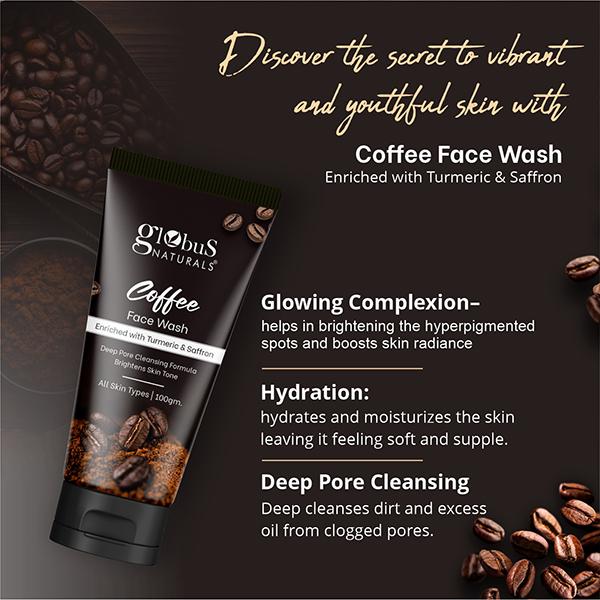 Globus Naturals Coffee Face Wash Enriched with Turmeric & Saffron, Deep Pore Cleansing 100 gm - Face Wash & Cleansers
