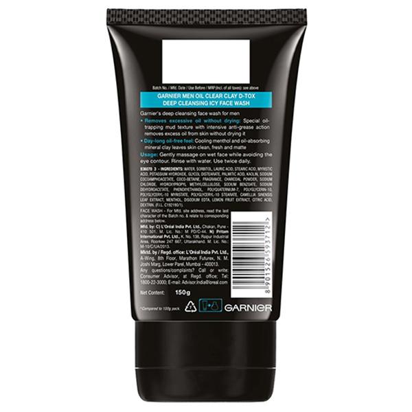 Garnier Men Oil Clear Clay D-Tox Deep Cleansing Icy Face Wash Mineral Clay+Menthol 150gm - Face Washes