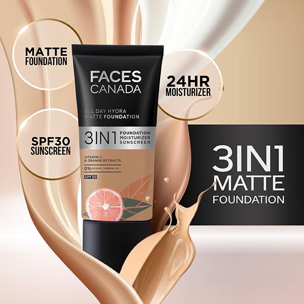 Faces Canada All Day Hydra Matte Foundation 3-In-1 Foundation + Moisturizer + SPF 30 24 Hr Aloe Hydration & Vitamin C 10Hr Long Wear Rose Ivory 011 25ml - Foundation
