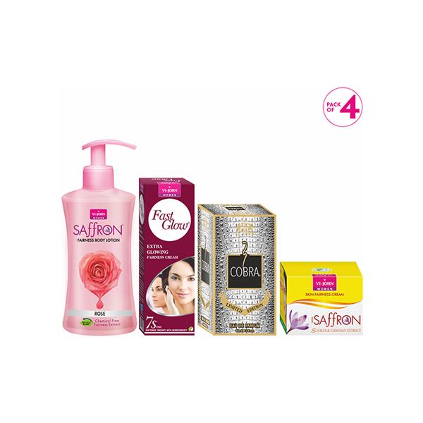 Netmeds | Vi-John Women Care Kit (Saffron Haldi Chandan Fairness Cream 50 gm + Fast Glow Fairness Cream 50 gm + Cobra Limited Edition Eau De Parfum 60 ml + Saffron Fairness Rose Body Lotion 250 ml ) 1's
