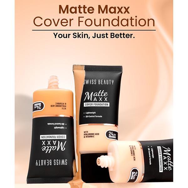 Swiss Beauty Matte Maxx Cover Foundation, 24- Hour Stay, with Hyaluronic Acid & Vitamin E, Oil-Control Formula 6 - Deep Warm 30 gm - Foundation