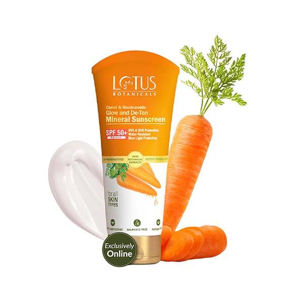 Netmeds | Lotus Botanicals Carrot & Niacinamide Glow and De-Tan Mineral Sunscreen, SPF 50+, PA++++ 50 gm