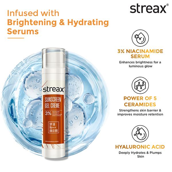 Streax Sunscreen Gel Creme SPF 50 PA+++,3% Niacinamide Serum Infused Sunscreen 50 g - Face Sunscreen