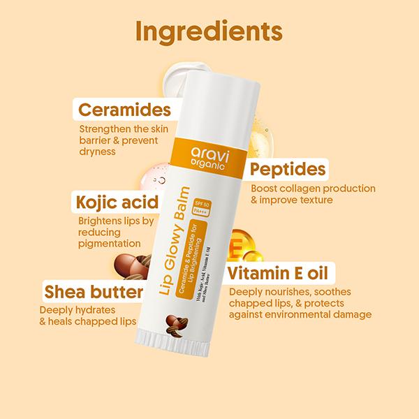 Aravi Organic Lip Glowy Balm with SPF 50 PA Plus Kojic Acid and Ceramide for Lip Brightening  5 gm - Lip Balms