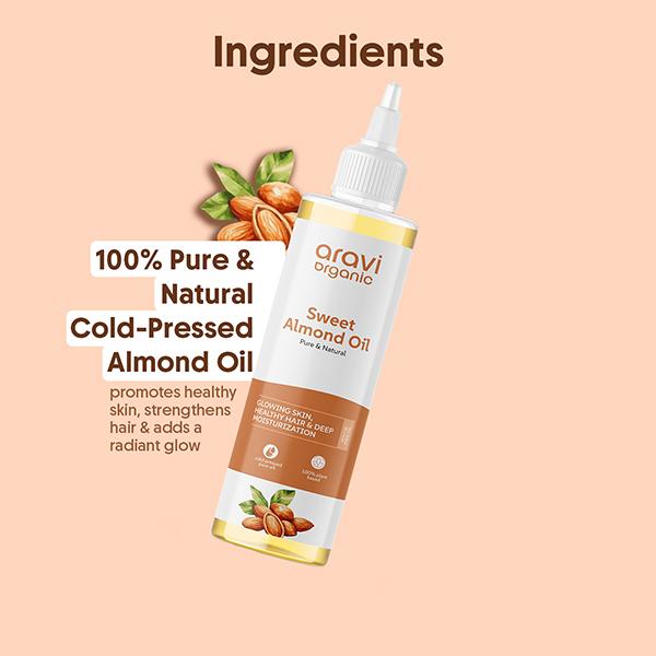 Aravi Organic 100% Pure and Natural Cold Pressed Almond Carrier Hair Oil 200 ml - Hair Oils