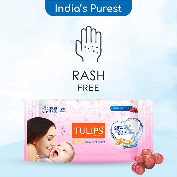 Tulips Sensitive Baby Wet Wipes Grape Fruit Extract Special newborn formula with Moisturizer 20's - Diapers & Wipes