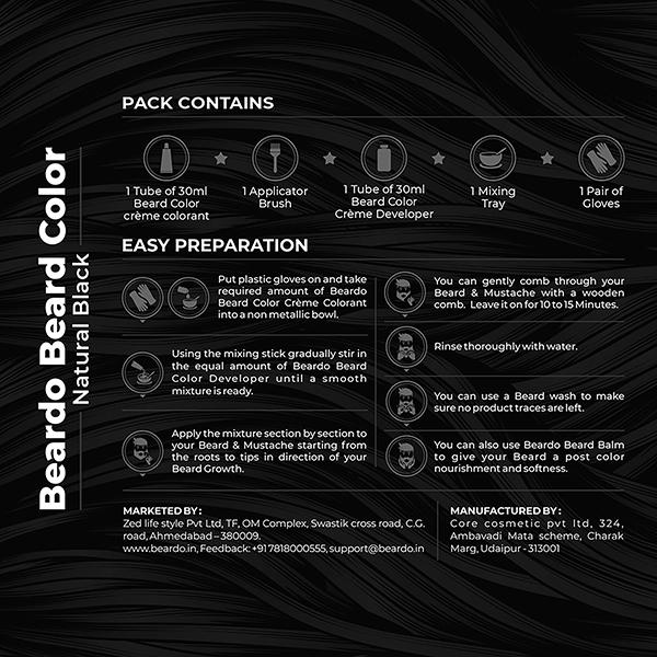 Beardo Beard Color No Ammonia - Natural Black (30gm + 30ml) 1's - Beard Kits