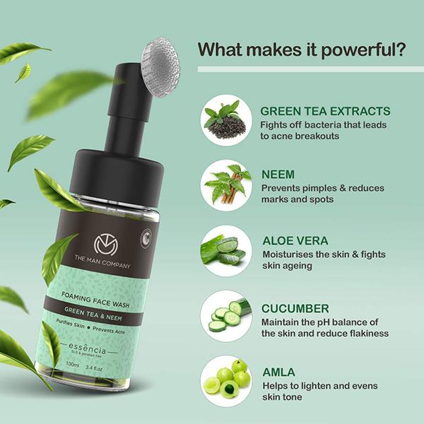 The Man Company Green Tea Foaming Face Wash with Neem Purifies Skin Prevents Acne 100ml - Face Wash & Cleansers