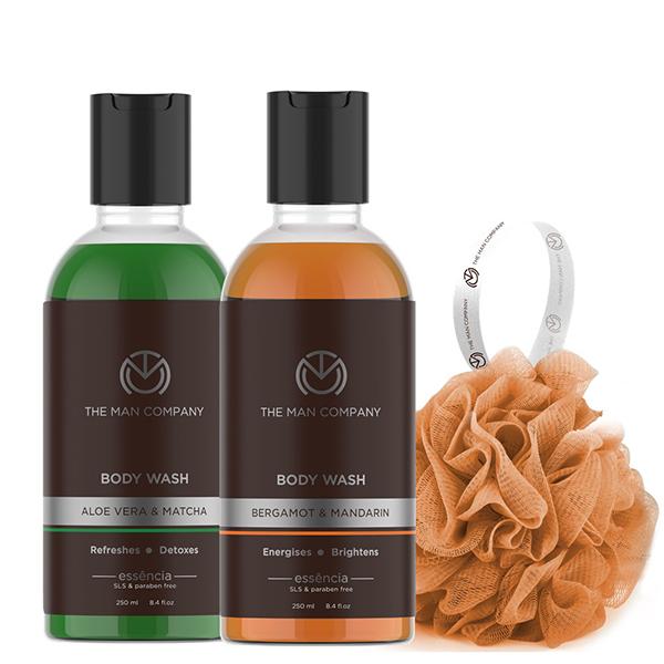 The Man Company Body Wash with Bergamot & Mandarin Aloe Vera & Matcha SLS & Paraben Free 250ml x 2 (With Free 2 Complementary Loofah) 940 gm - Shower Gels & Body Wash