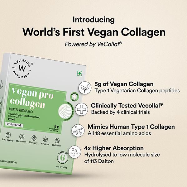 Wellbeing Nutrition Vegan Pro Collagen, Clinically Proven Peptides Gotu kola, Ginseng, Vitamin C & E - Unflavored 6 Sachets 48 gm - Multi-Vitamins