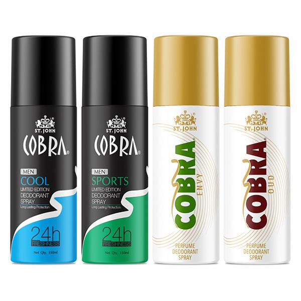 St. John Cool Limited Edition Deodorant Spray 150 ml + Sports Limited Deodorant Spray 150 ml + Cobra Envy Deodorant Spray 150 ml + Cobra Oud Deodorant Spray 150 ml - Men Deodorants/Roll-Ons