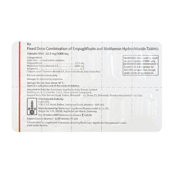 Gibtulio Met 12.5/1000mg Tablet 10'S - Diabetes-Ant