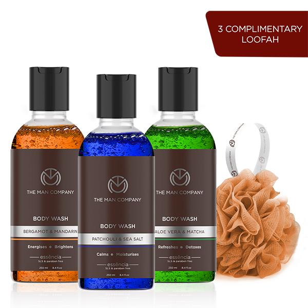 Netmeds | The Man Company Body Wash with Patchouli & Sea Salt Bergamot & Mandarin Aloe Vera & Matcha SLS & Paraben Free 250ml x 3 (With Free 3 Complementary Loofah) 1000 gm