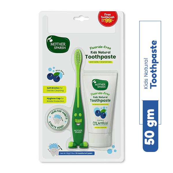 Netmeds | Mother Sparsh Kids Natural Toothpaste (Free Toothbrush) - Blueberry 50 g