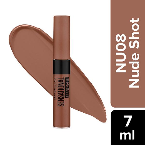 Maybelline New York Sensational Liquid Matte Lipstick, NU08 Nude Shot, Liquid Lipstick Shades Delivering Intense Matte Color Effect 7 ml - Lipsticks