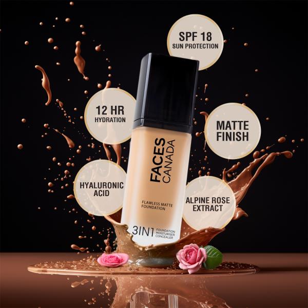 Faces Canada Flawless Matte Foundation - Rich Ivory 013, 12 Hr Hydration + SPF 18 30 ml - Foundation
