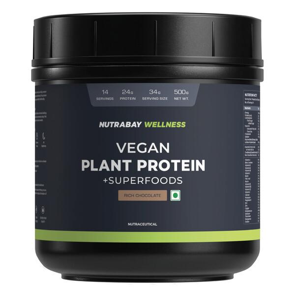 Netmeds | Nutrabay Wellness Vegan Plant Protein + Superfoods - Rich Chocolate 500 gm
