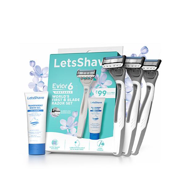 Netmeds | LetsShave Evior 6 Portable Razor set of 3 + Transparent Shave Gel 15ml 1s 1's