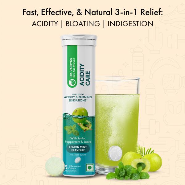 Dr. Vaidya's Acidity Care Effervescent Tablets - Lemon Mint Flavour 15's - Speciality Medicines