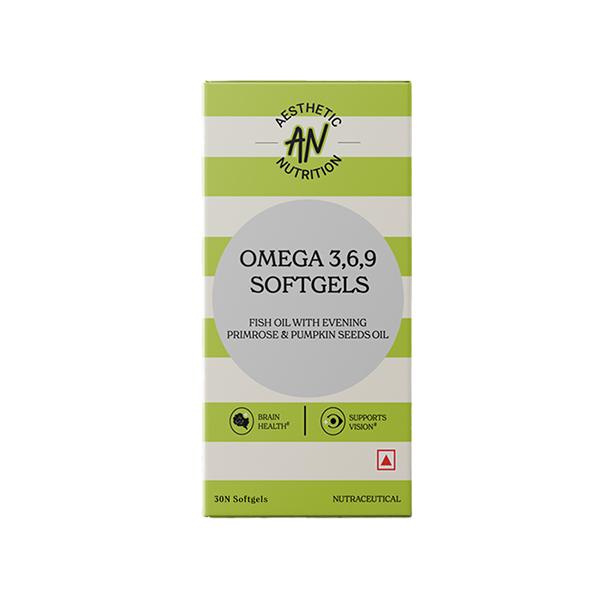 Netmeds | Aesthetic Nutrition Omega 3 6 9 Softgels Triple Omega Formula With Evening Primrose, Fish Oil, And Pumpkin Seed Oil For Heart, Skin 30 Softgels 1's