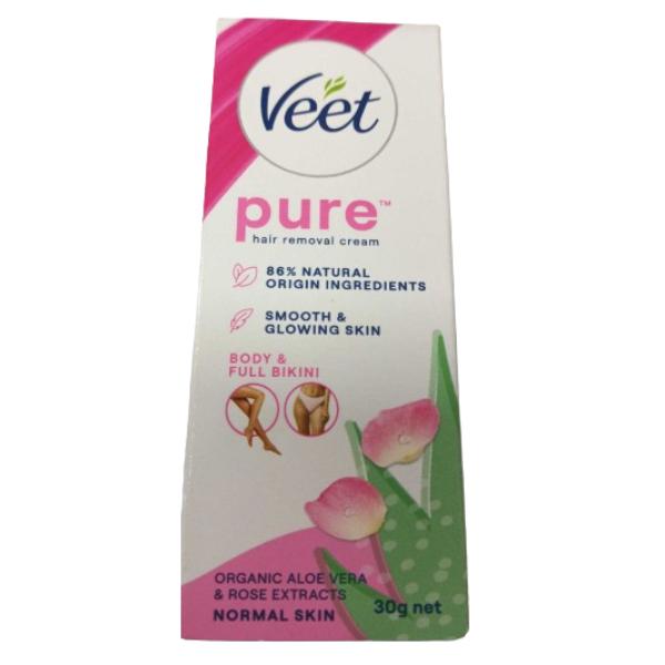 Netmeds | Veet Pure Normal Skin Body & Full Bikini Hair Removal Cream - Organic Aloe Vera & Rose Extracts 30 g