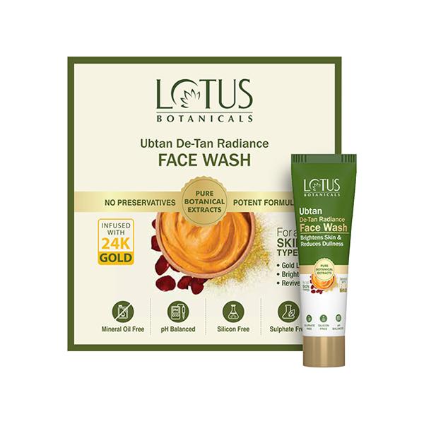 Netmeds | Lotus Botanicals Ubtan De-Tan Radiance Face Wash Infused with 24K Gold Bright & Glowing Skin 7 gm
