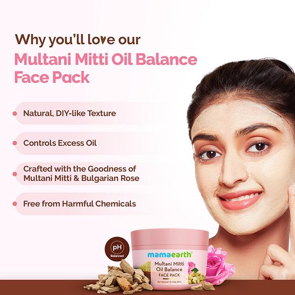 Mamaearth Multani Mitti Oil Balance Face Pack Multani Mitti & Bulgarian Rose Normal Oily Skin 200 gm - Face Packs