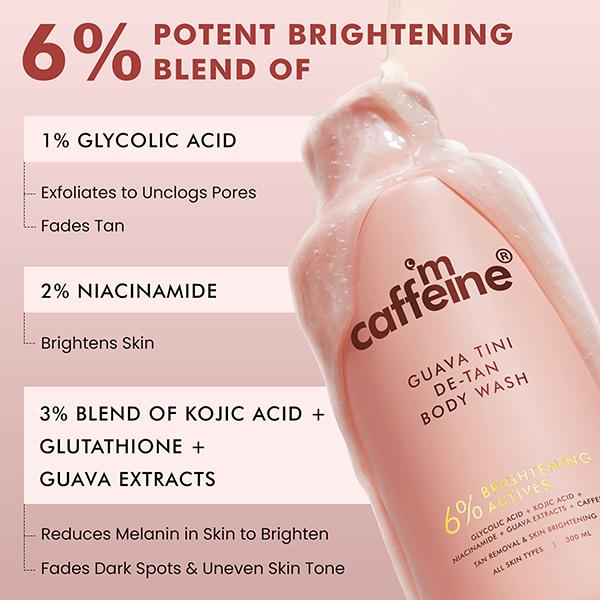 MCaffeine 1% Glycolic Acid Detan Body Wash, 5% Niacinamide-Kojic Acid Reduces Dark Spots & Brightens 300 ml - Shower Gels & Body Wash