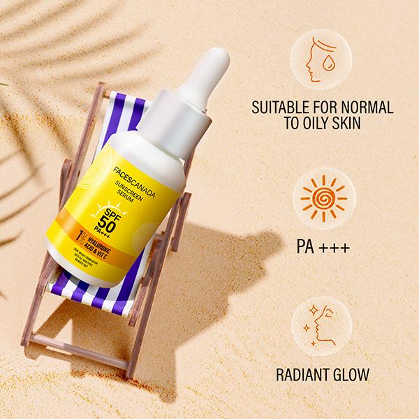 Faces Canada Sunscreen Serum, SPF 50+ PA+++, Protects From Uva & UVB Rays, 1% Hyaluronic Acid & Vitamin C 30ml - Face Sunscreen
