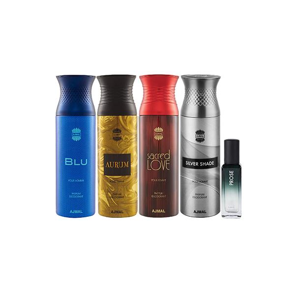 Ajmal Blu & Aurum & Sacred Love & Silver Shade Deo & Prose EDP Pack of 4 20 ml - Women Perfumes (Edt/Edp)