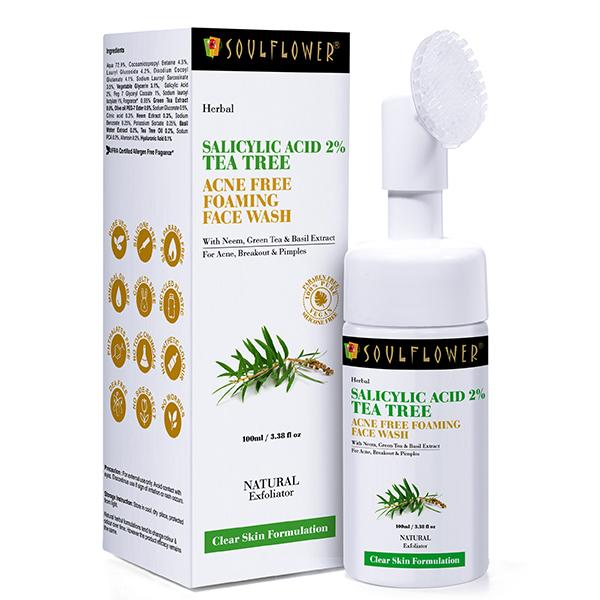 Soulflower Acne Free Tea Tree Cleansing Face Wash with Salicylic Acid 2%, Neem & Basil 100 ml - Scrubs & Exfoliants