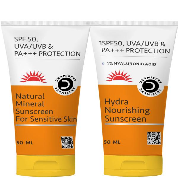 Netmeds | Dermistry Natural Mineral Sunscreen SPF 50 UVA UVB PA+++ Protection - Sensitive Skin 50 ml + 1% Hyaluronic Acid Hydra Nourishing Sunscreen SPF 50 UVA UVB PA+++ Protection 50 ml