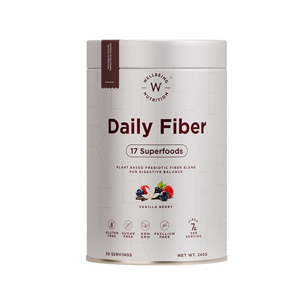 Netmeds | Wellbeing Nutrition Daily Fiber Powder, Weight Management, Manages Sugar Control, Bloating, Constipation -Vanilla Berry 30 Servings